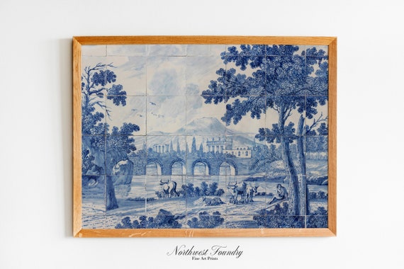 Delft Blue Glazed Tile Dutch River Landscape From The 18th Century Antique Dutch Golden Age Wall Art Print