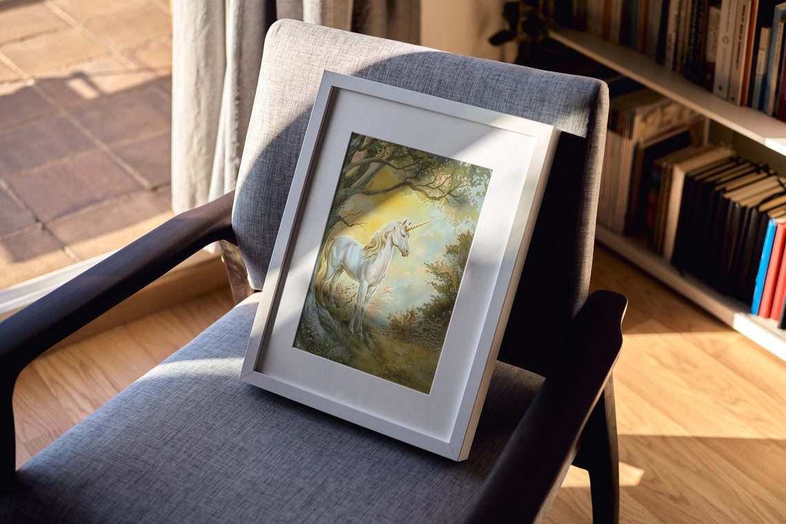 White Unicorn in Golden Sunset Meadow Vintage Fairytale Poster - Image 2