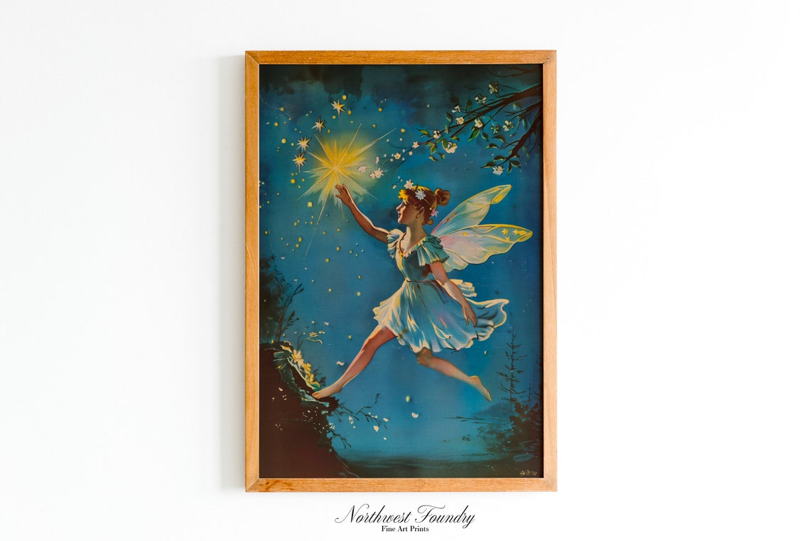 Fairy Reaching for a Star Blue Night Vintage Firefly Postcard Poster