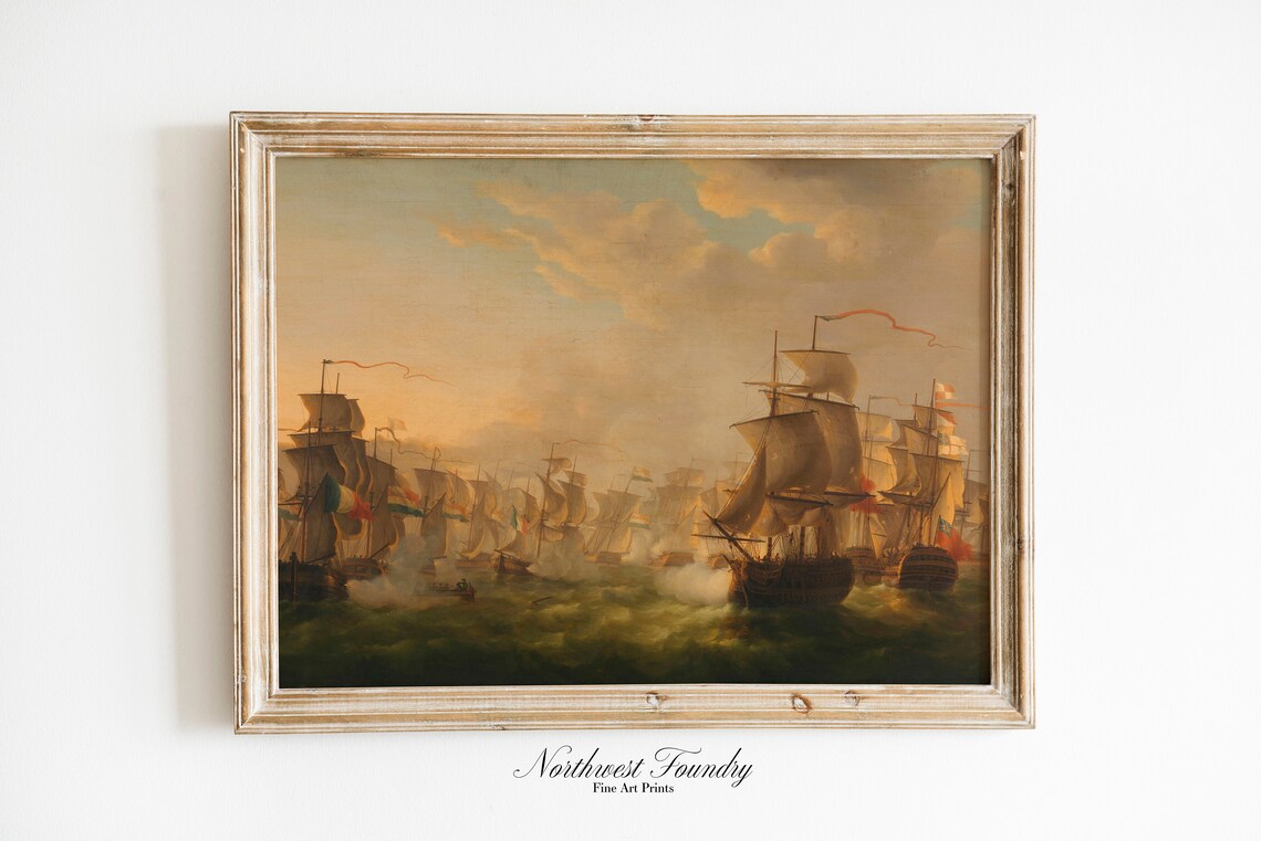 Tall Ship Naval Sea Battle 19th Century Antique Oil Painting Poster - Image 3