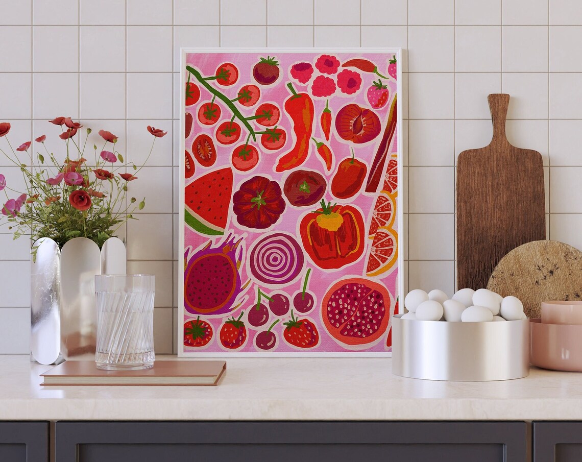 Red Fruits Vegetables Colorful Kitchen Art Print