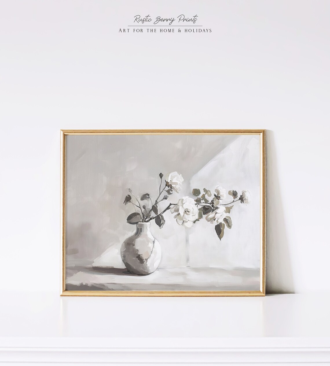 White Roses Neutral Vintage Floral Still Life Botanical Oil Art Print