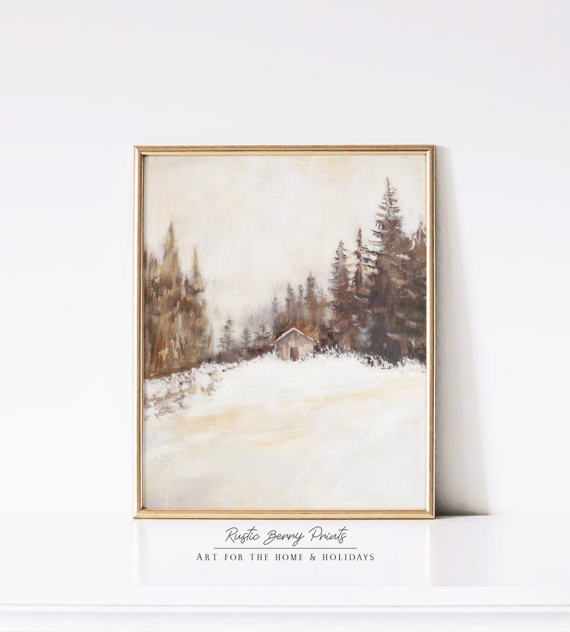 Snowy Winter Cabin In Pine Forest Warm Sepia Rustic Holiday Art Poster - Image 2