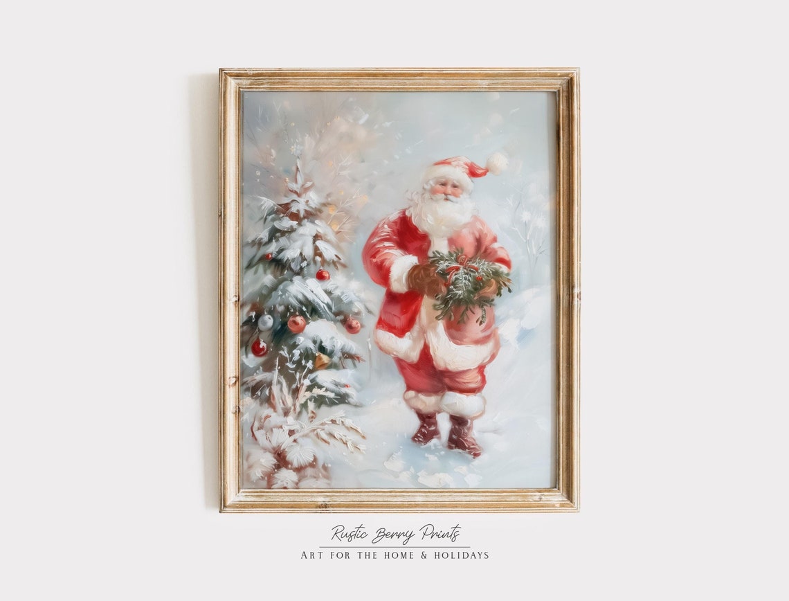 Santa Claus Carrying Evergreen Wreath Snow Covered Tree Winter Poster