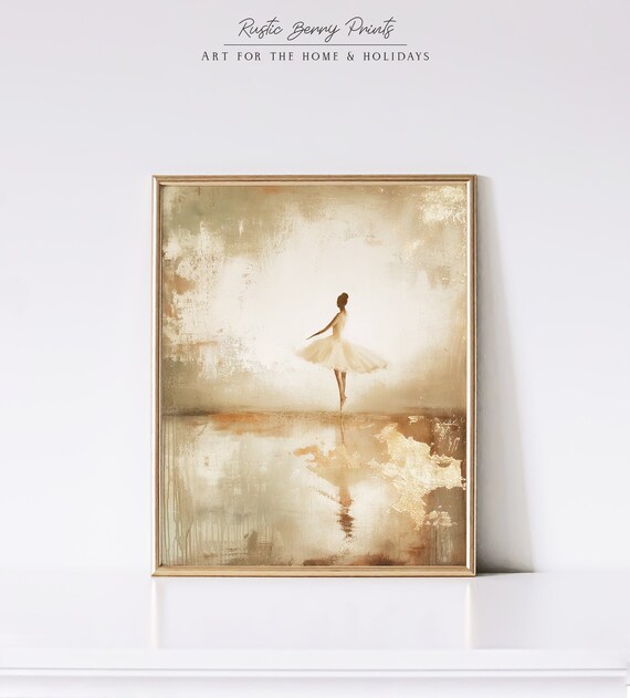 Elegant Ballerina Silhouette White Tutu Beige Gold Dance Room Wall Art
