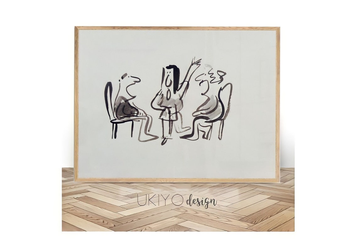 Minimalist Black And White Ink Sketch Three Figures Chat Poster