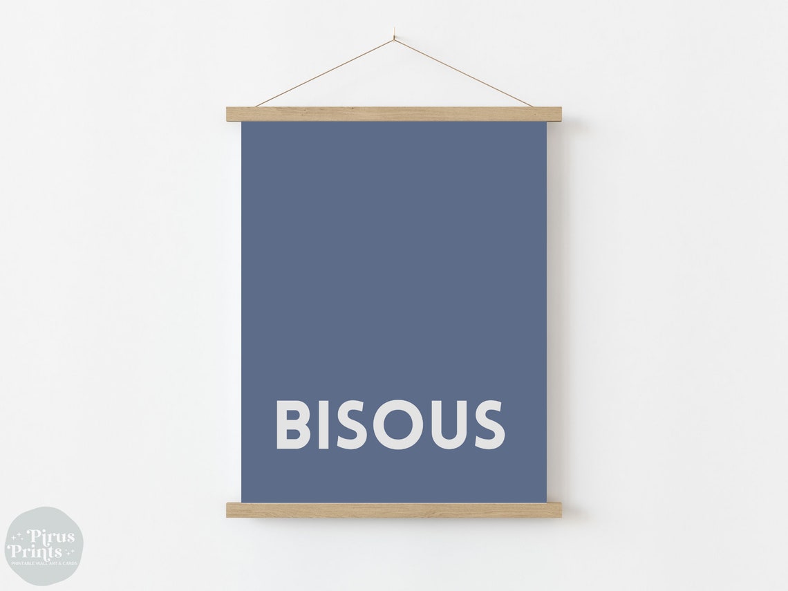 Bisous Blue Bold French Typography Minimalist Parisian Wall Art - Image 3