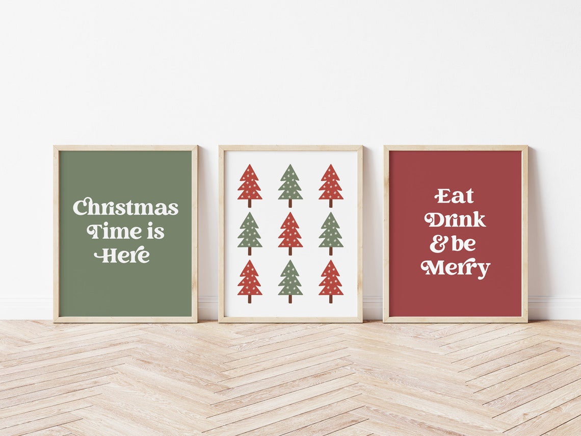 Christmas Trees Grid Print Red Green Snowflake Modern Holiday Wall Art - Image 5