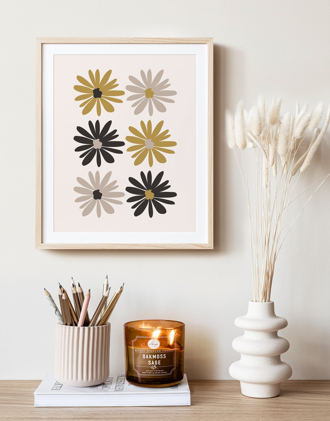 Retro Daisy Flower Grid Print Gold Black Boho Modern Floral Wall Art - Image 4