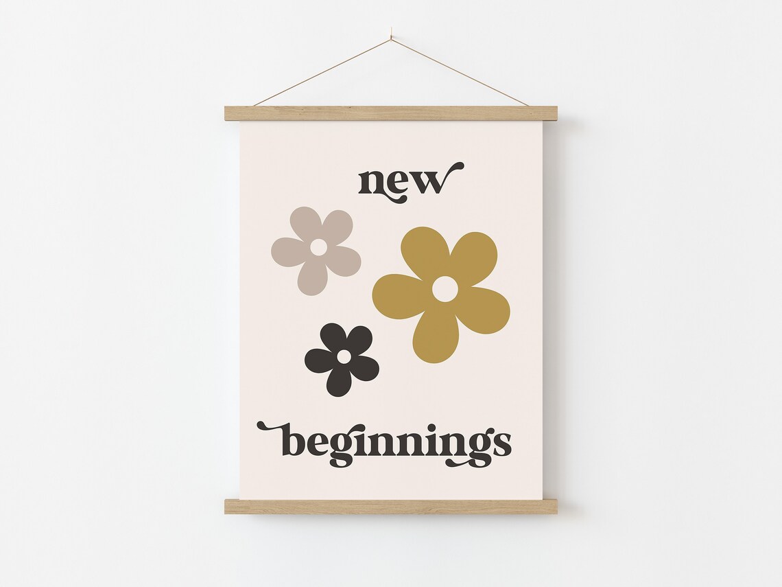 New Beginnings Retro Floral Quote Print Boho Gold Daisy Wall Art - Image 4