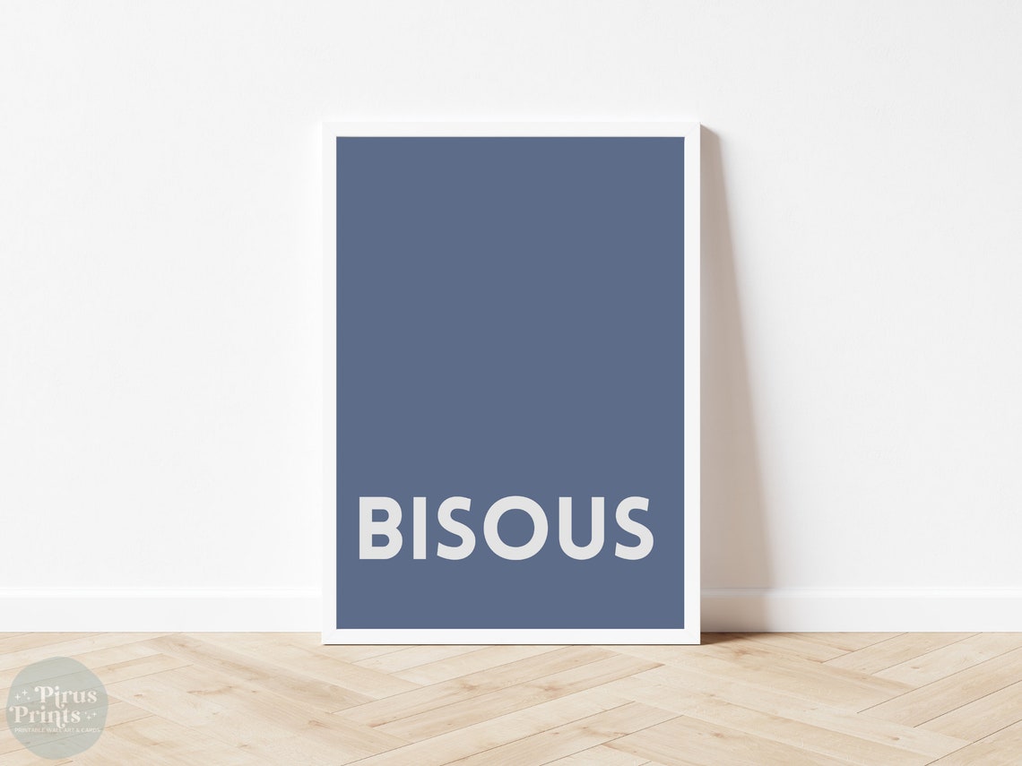 Bisous Blue Bold French Typography Minimalist Parisian Wall Art - Image 4