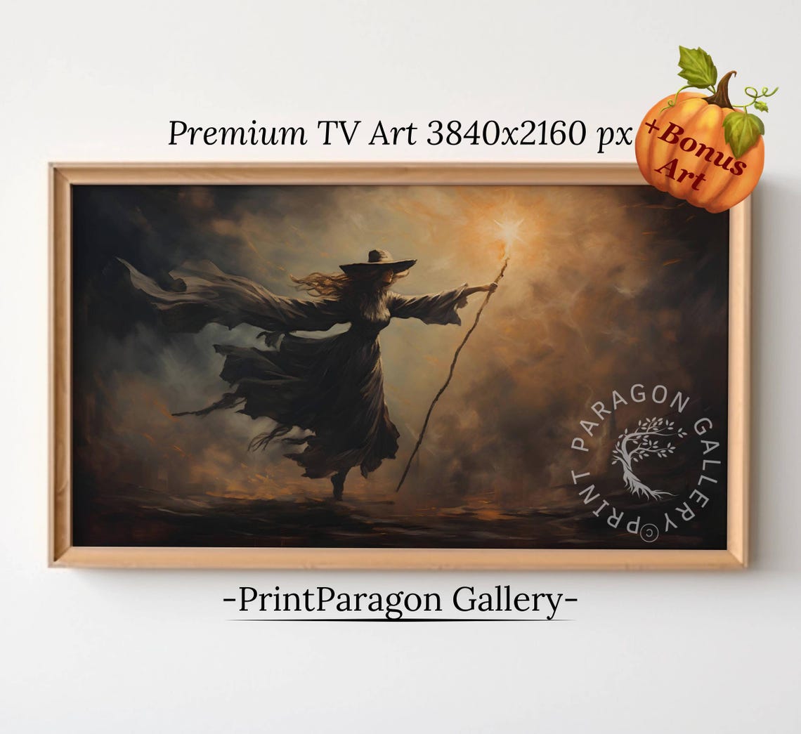 Witch with Glowing Staff in Stormy Sky Dramatic Fantasy Poster