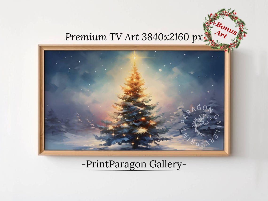 Illuminated Christmas Tree Glowing Under a Starry Snowy Sky Poster