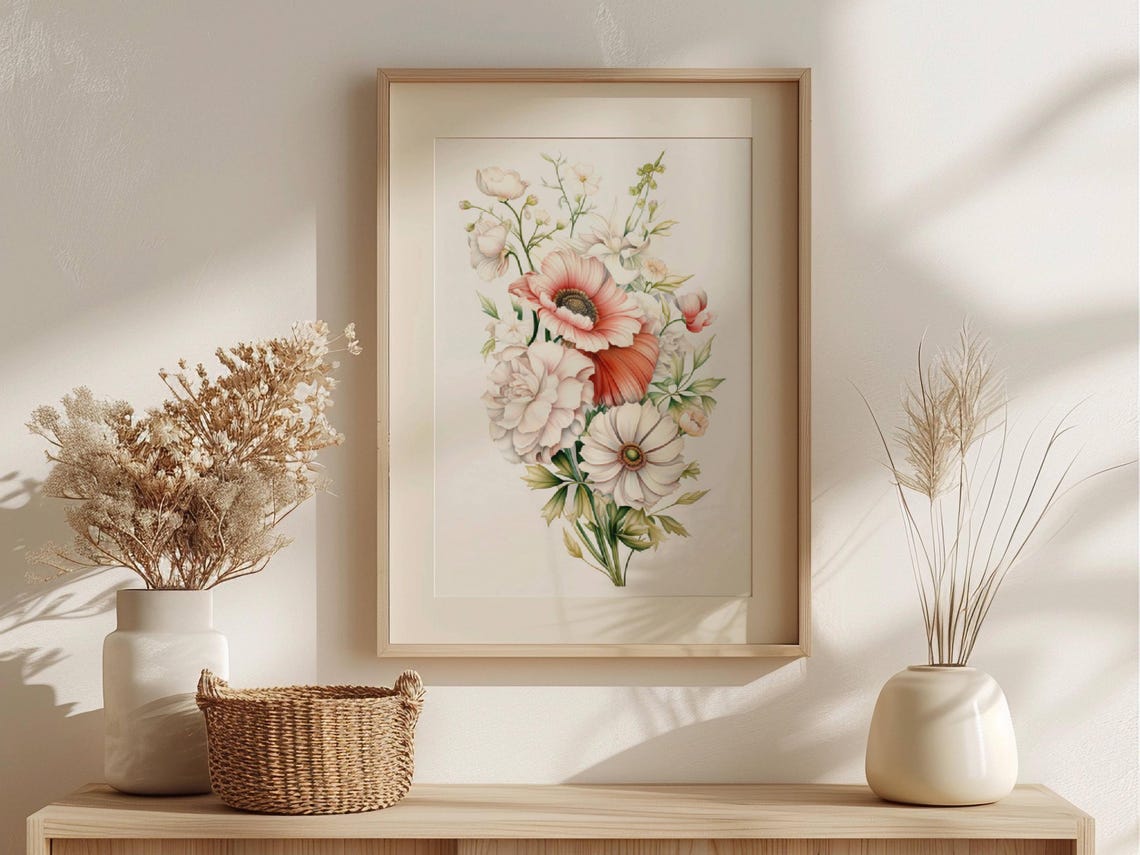 Coral Anemone Bouquet Delicate White and Pink Blooms Art Poster - Image 2