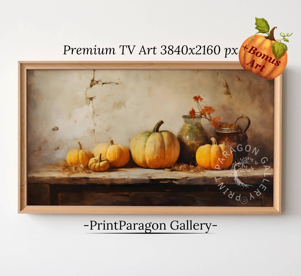 Rustic Pumpkins and Vintage Vases Harvest Still Life Wall Art