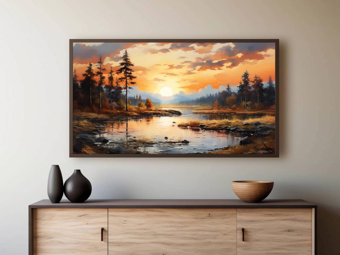Forest Lake Sunset with Golden Reflections on Calm Water Wall Art - Image 2
