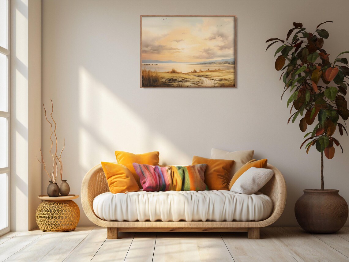 Serene Morning Lake Golden Field Soft Clouds Vintage Landscape Wall Art - Image 2