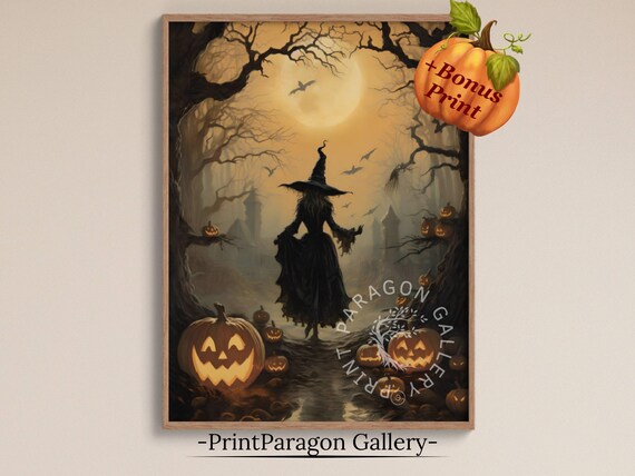Spooky Dark Witch Wall Art Moody Halloween Scenery Wall Decor Halloween Witch Painting Creepy Full Moon Witch Home Decor Wall Art