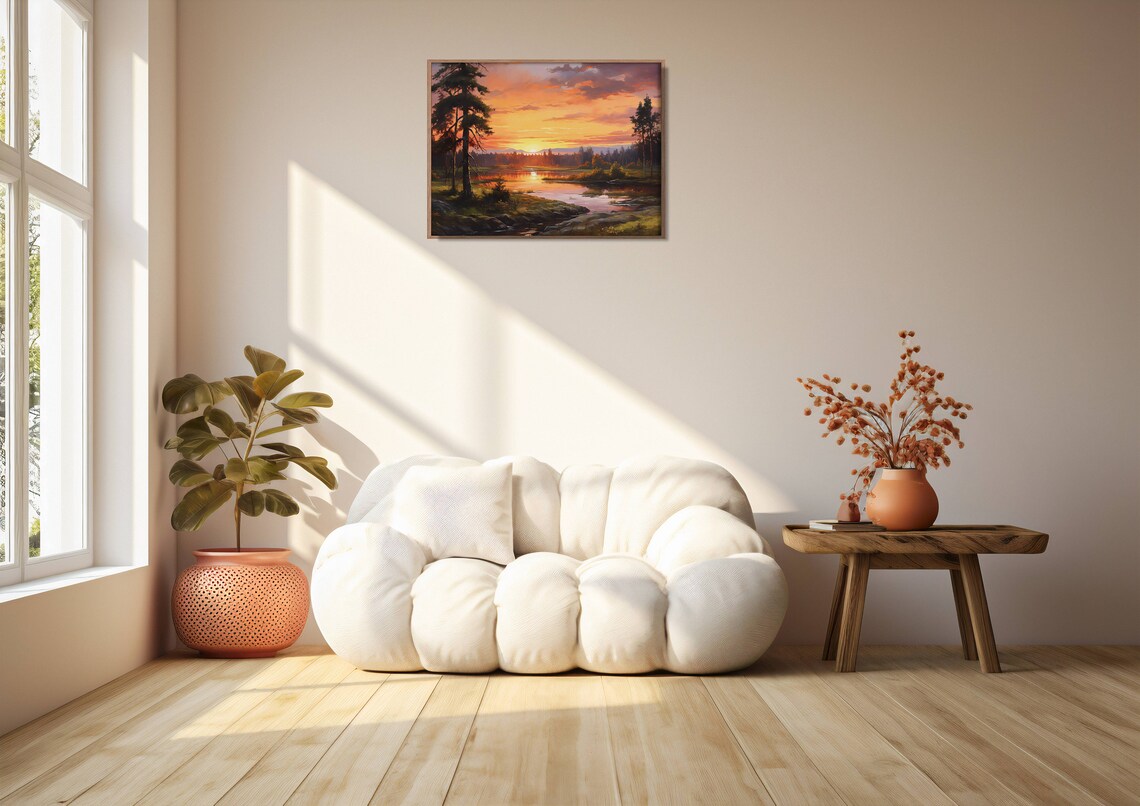 Sunset Over River Winding Through Pine Forest Oil Painting Rustic Wall Art - Image 2