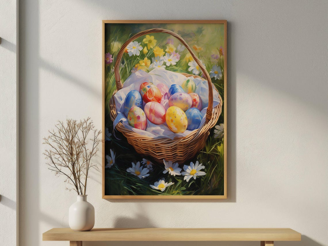 Easter Basket with Painted Eggs Spring Meadow Oil Painting Poster - Image 2