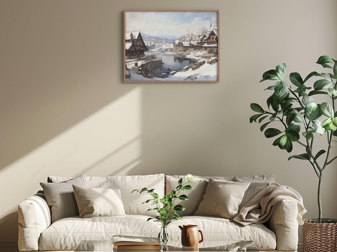 Snowy Medieval Riverside Town Timber Houses Winter Painting Poster - Image 2