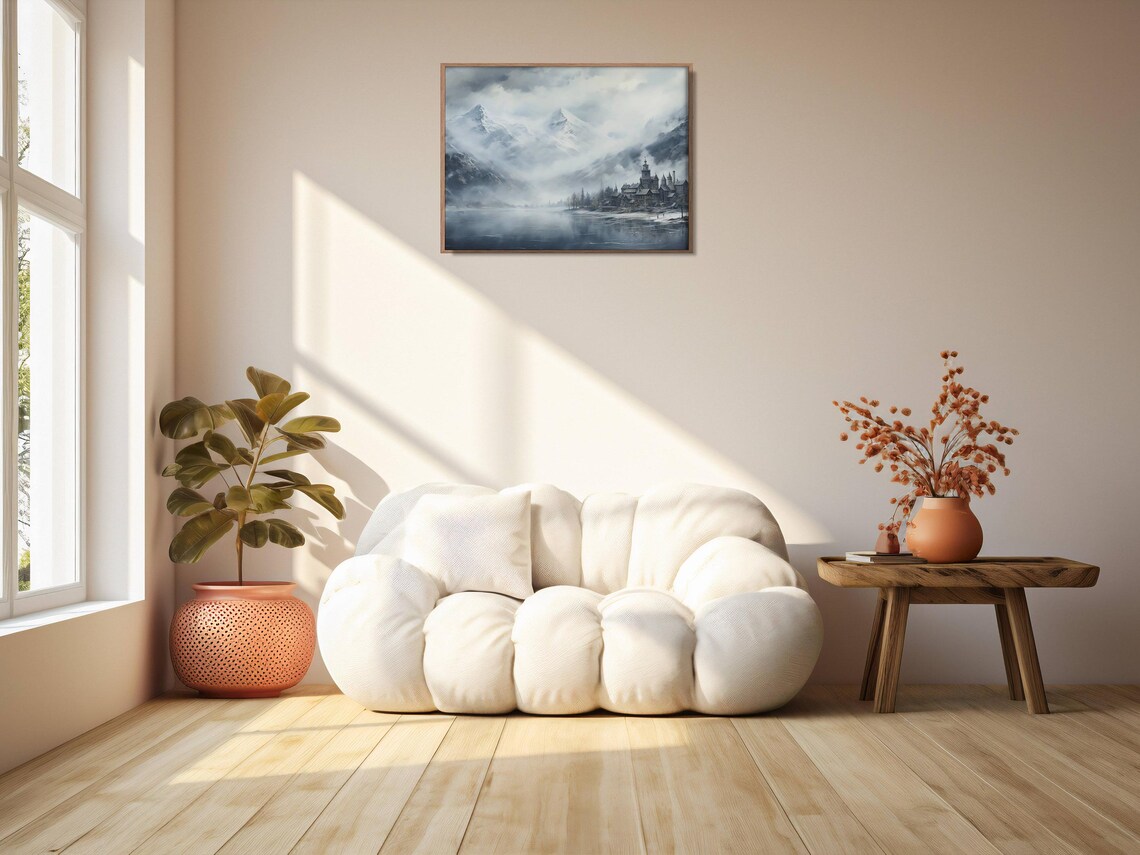 Misty Snowy Mountain Village Winter Lake Oil Painting Moody Wall Art - Image 2