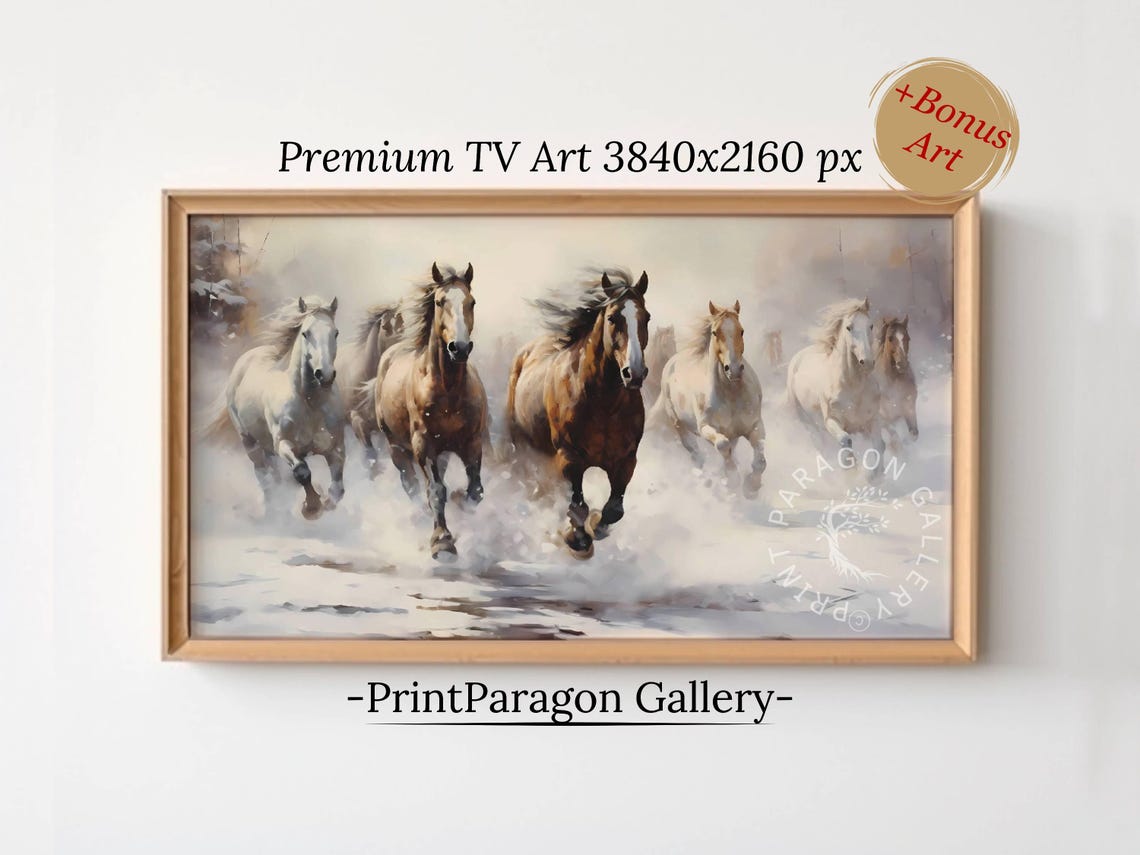 Wild Horses Galloping Through Snow Winter Equestrian Herd Poster