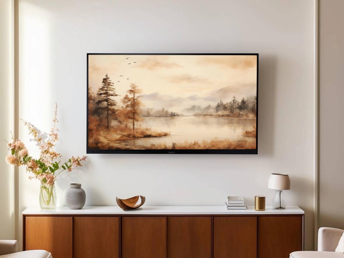 Foggy Autumn Lake at Dawn with Birds in a Sepia Haze Wall Art - Image 2