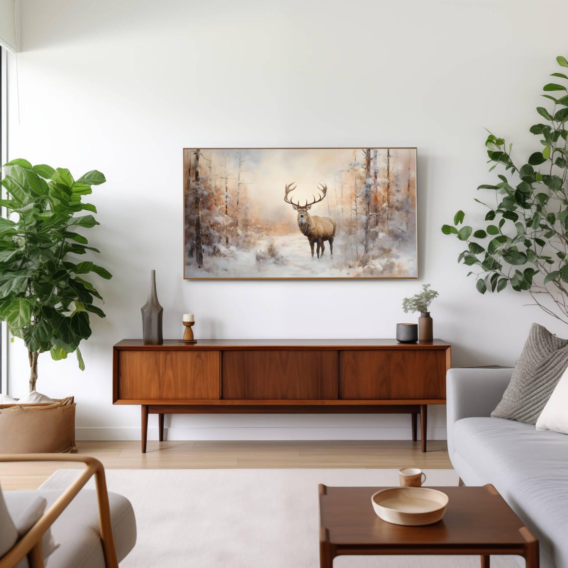 Majestic Stag With Grand Antlers in a Snowy Forest Winter Wall Art - Image 2
