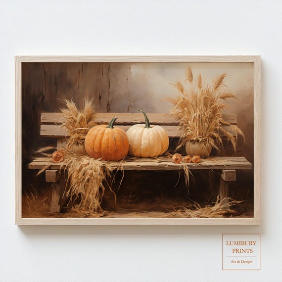 Neutral Halloween Decor Pumpkin Botanical Wall Art Wheat Harvest Print Fall Farmhouse Instant