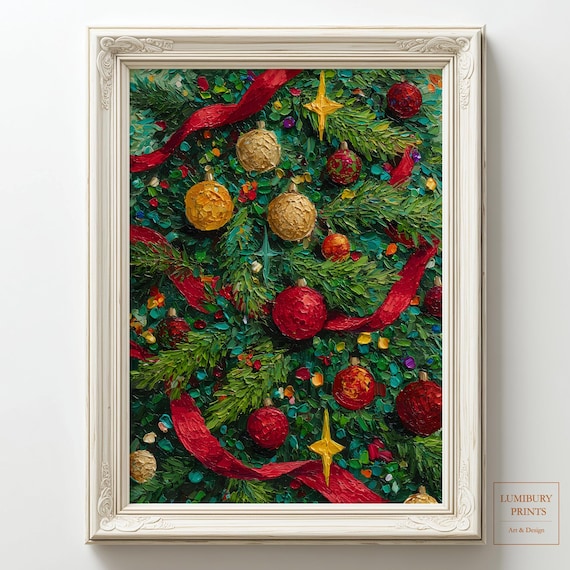 Christmas Tree Impasto Gold Red Ornaments Festive Painting Wall Art
