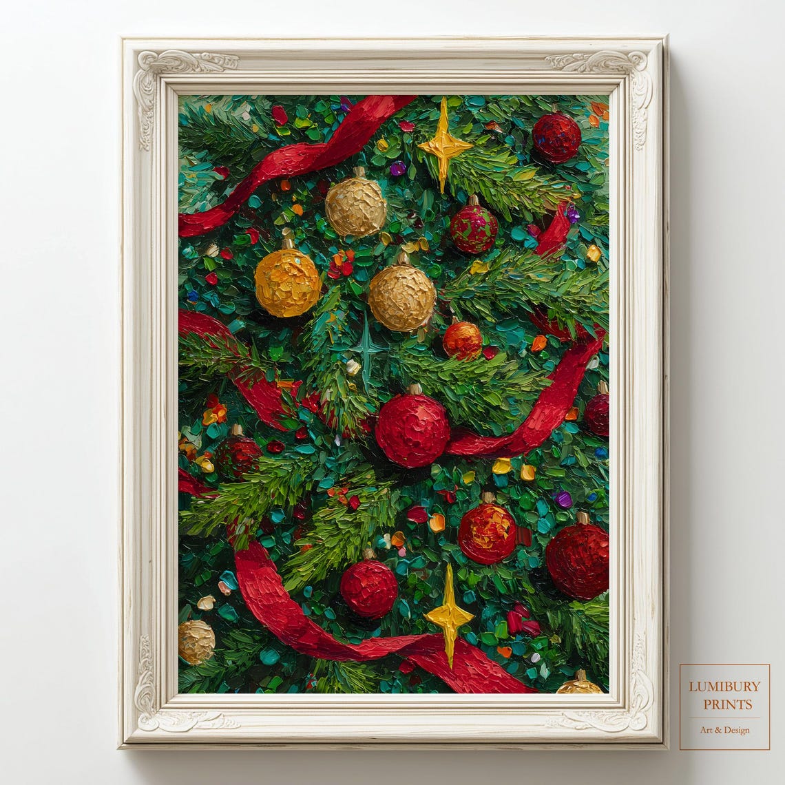Christmas Tree Impasto Gold Red Ornaments Festive Painting Wall Art