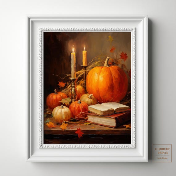 Halloween Pumpkin Wall Art Candle Print Book Decor Cozy Vintage Instant