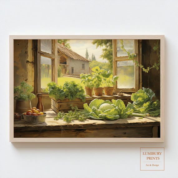 Vintage Vegetable Print Farmhouse Kitchen Rustic Dcor Countryside Painting Wall Art Cabbage