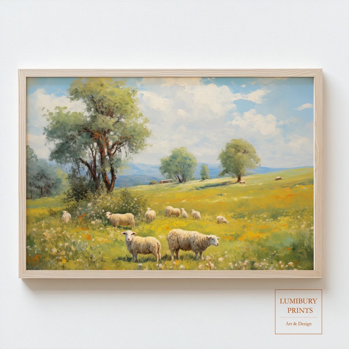 Sheep Wall Art Meadow Painting, Rustic Vintage Decor