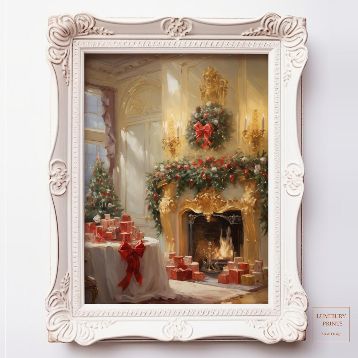 Elegant Christmas Fireplace with Gifts Vintage Holiday Poster