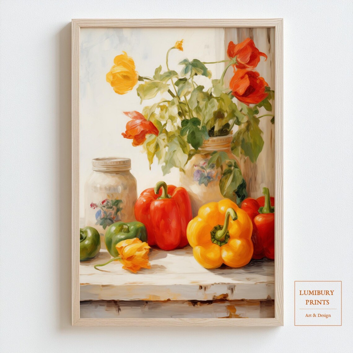 Bell Peppers and Poppies Rustic Still Life Oil Painting Wall Art