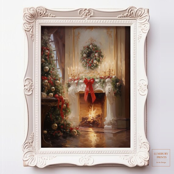 Elegant Christmas Fireplace With Wreath Vintage Oil Painting Poster