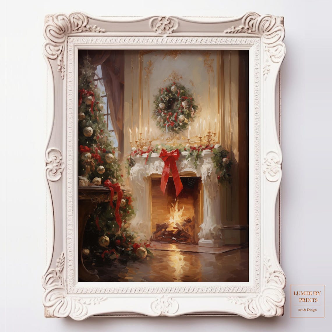 Elegant Christmas Fireplace With Wreath Vintage Oil Painting Poster