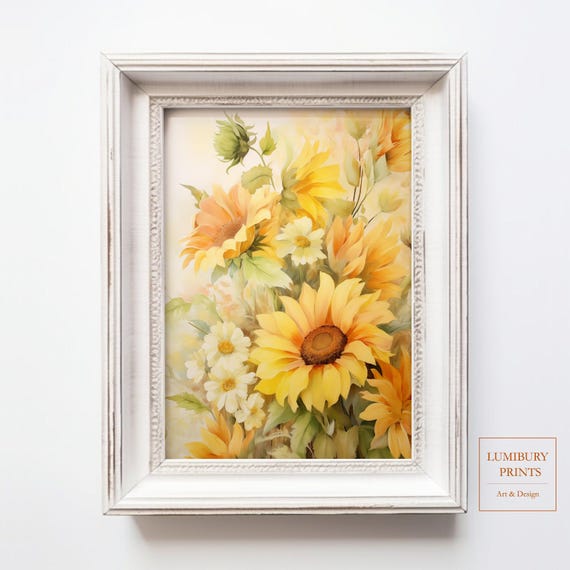 Sunflower Wall Art Daisy Flower Print Yellow Floral Decor Botanical Summer Rustic Vintage