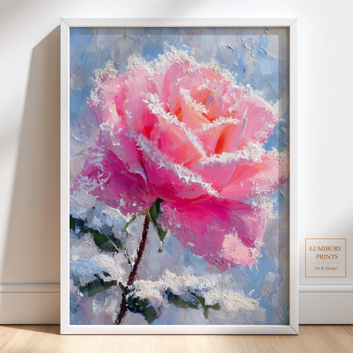 Pink Frosted Rose Impasto Painting Winter Bloom Floral Wall Art