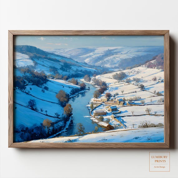 Winter Landscape Art Snowy Village Print River Vintage Instant