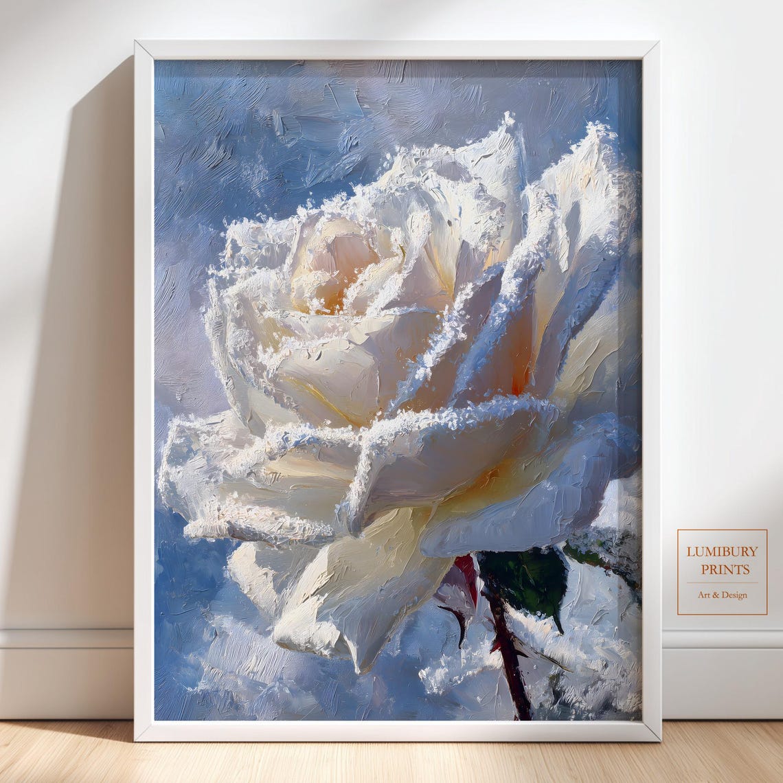 White Frosted Rose Impasto Painting Icy Bloom Floral Wall Art