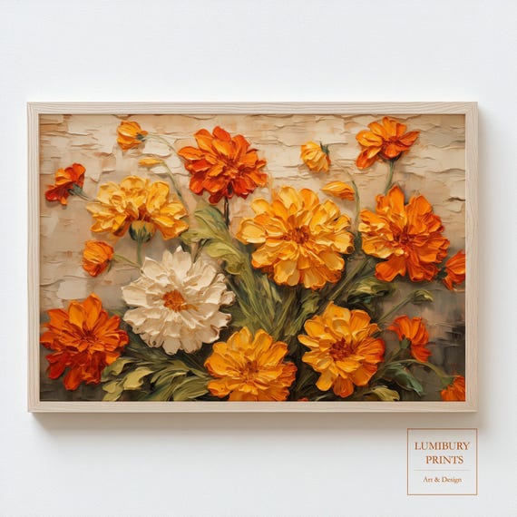 Marigold Decor Flower Wall Art Fall Print Rustic Floral Botanical Prints Vintage Instant