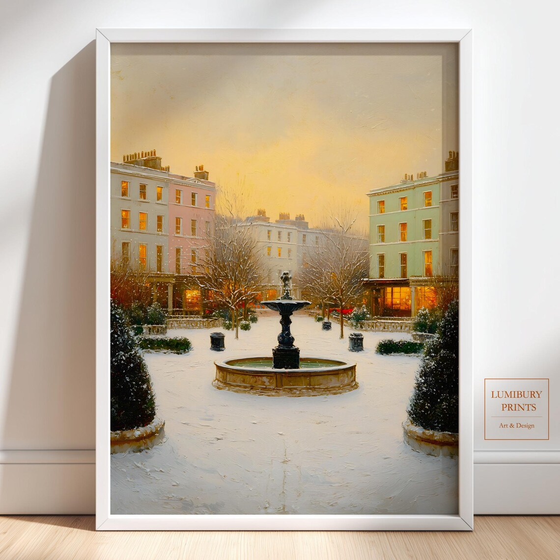 Snowy European Square Fountain Winter Golden Hour Art Poster