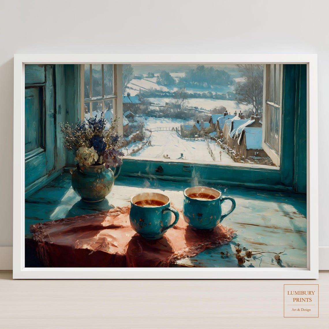 Cozy Winter Window Blue Mugs Dried Lavender Snowy Scene Art Print