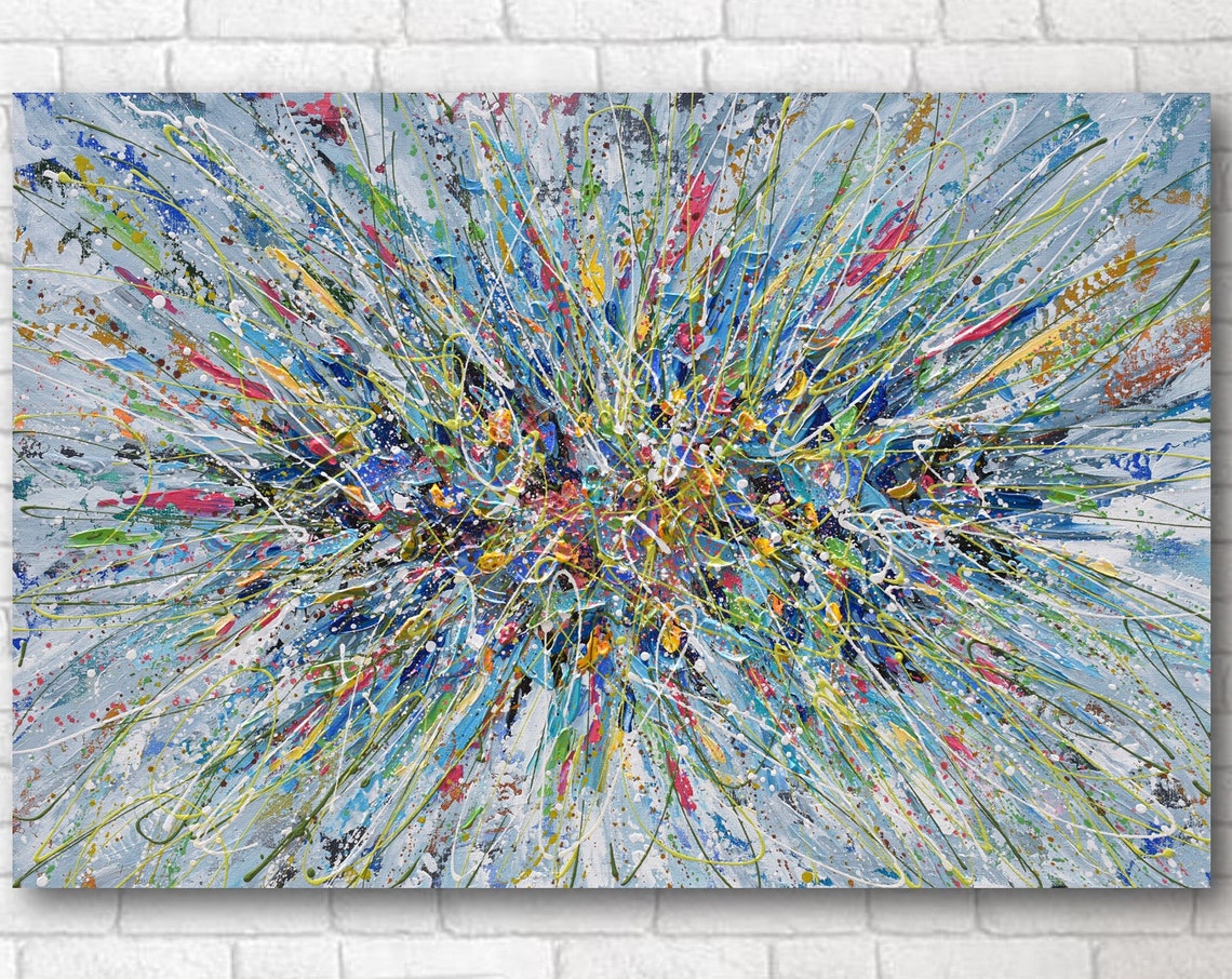Colorful Abstract Floral Explosion Blue Pink Yellow Splatter Poster