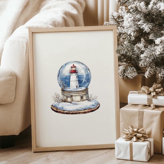 Watercolor Snow Globe Lighthouse Nautical Christmas Decor Poster