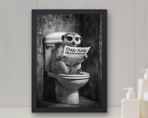 Funny Meerkat Bathroom Poster Meerkat Reading Newspaper On Toilet Humorous Animal Art Bathroom Wall Decor