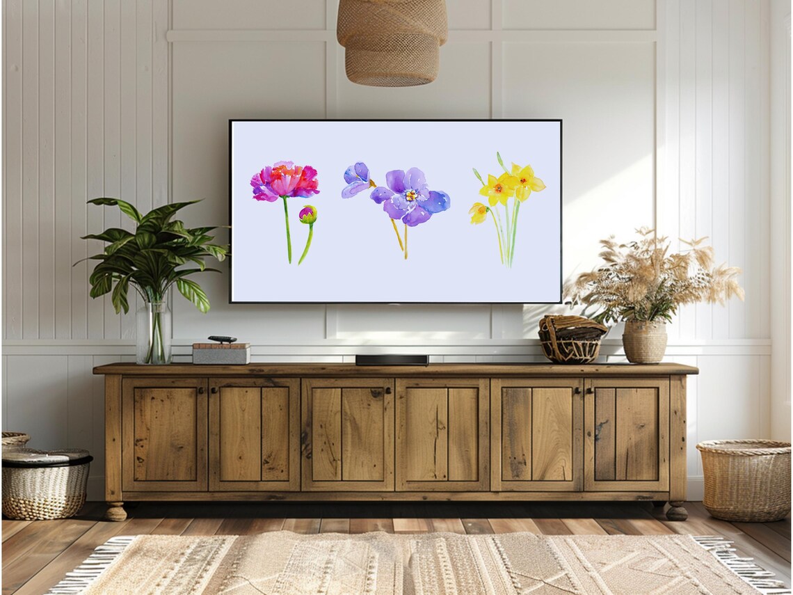 Watercolor Wildflower Trio Pink Purple Yellow Spring Art Poster - Image 2
